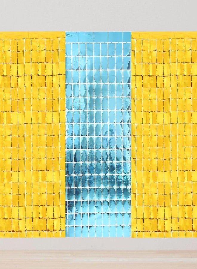 Juzfun Square Foil Curtains Backdrop | Pack of 3 (2 Gold & 1 Light Blue) | Sparkling Fringe Curtain for Weddings Anniversaries Baby Showers Birthday Stage Background Decorations - 9 x 6 ft
